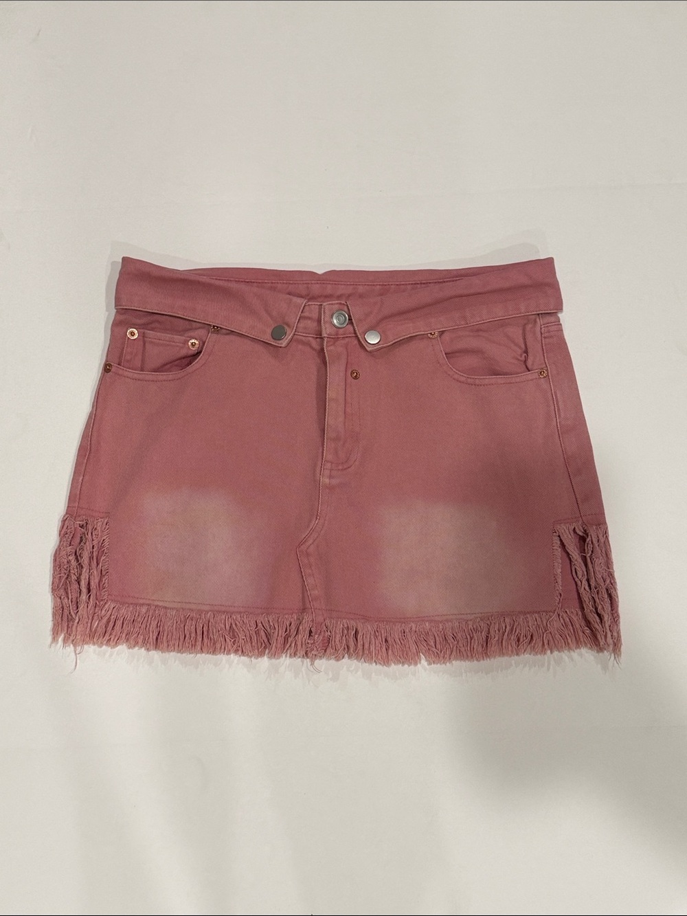 BUCKETLIST Rose Pink Fringe Hem Denim Mini Skirt